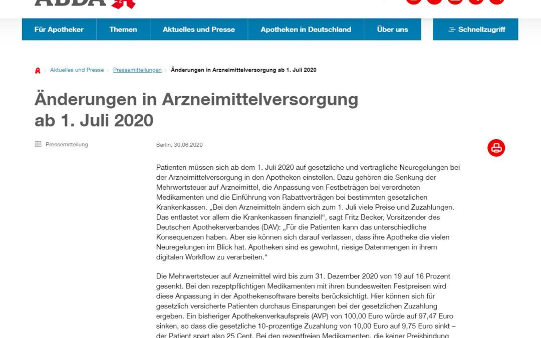 ABDA: Änderungen in Arzneimittelversorgung ab 1. Juli 2020